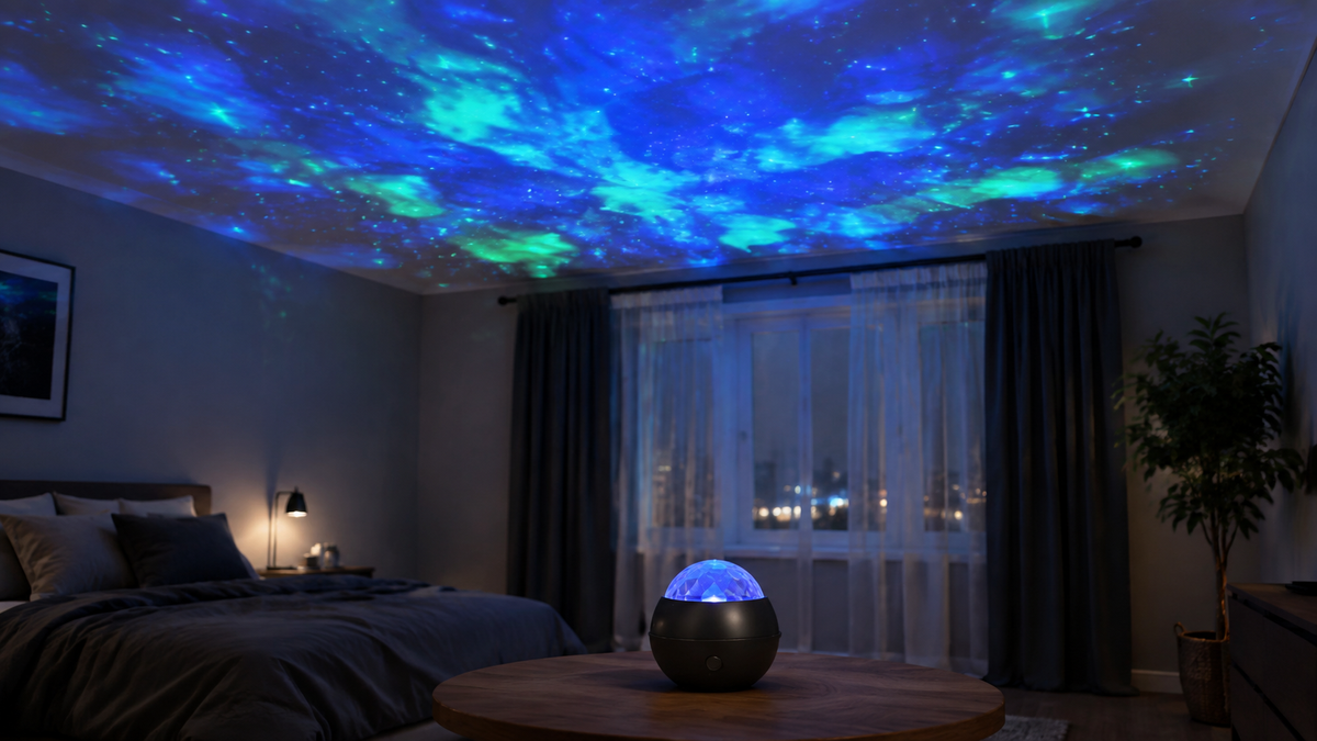 Star projector casting soft light across a calm bedroom ceiling