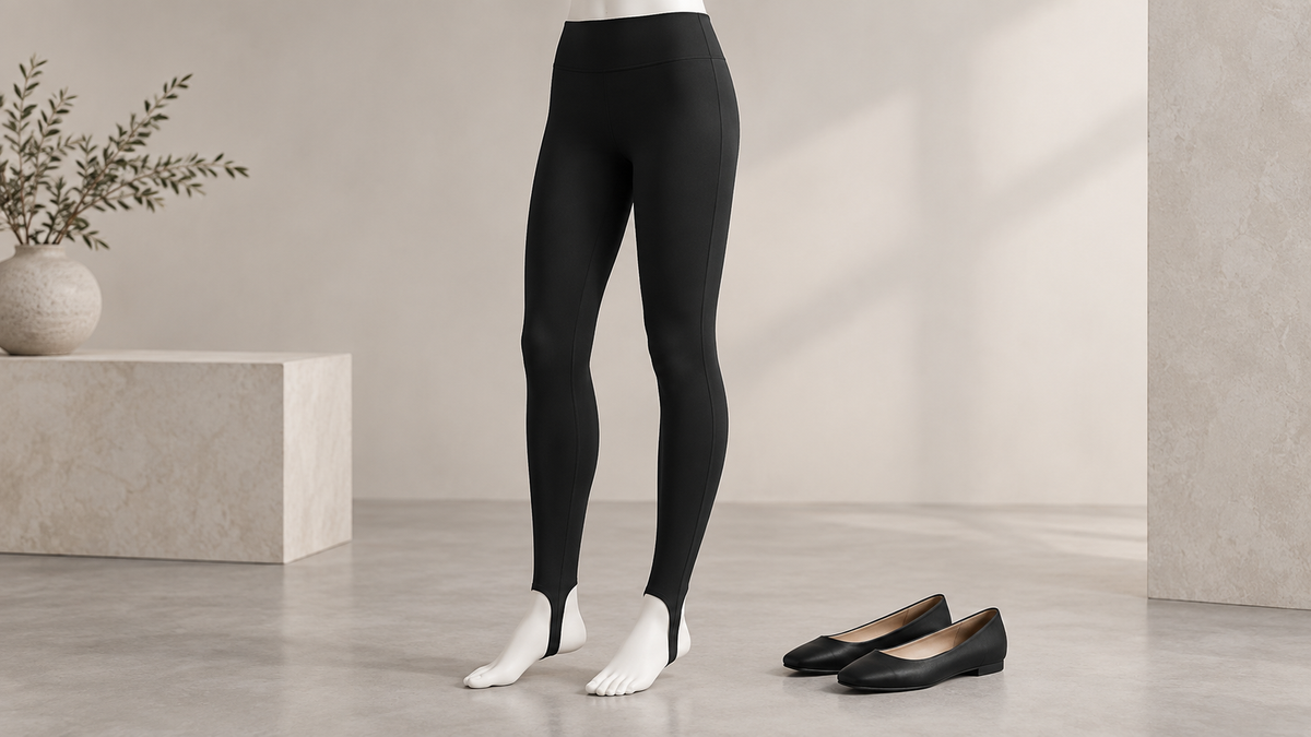 Black stirrup leggings showing foot straps and fitted silhouette