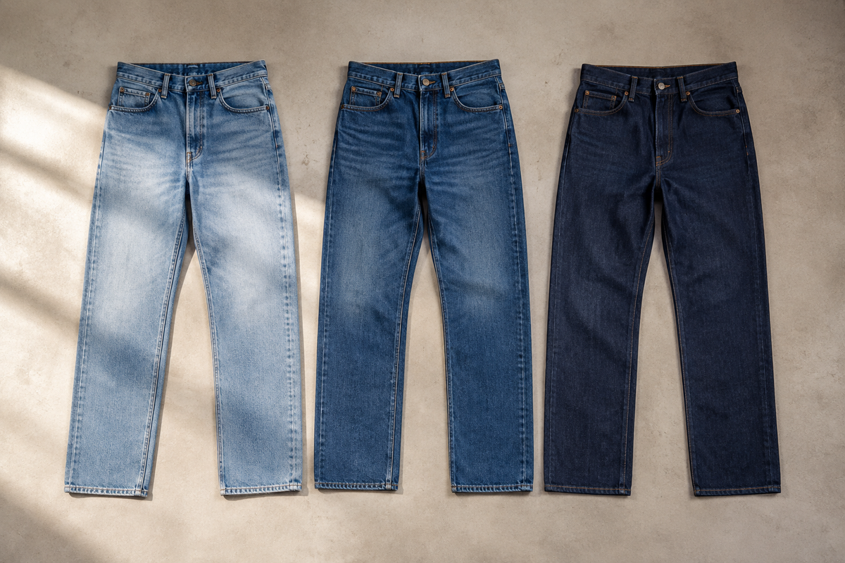 Straight-leg jeans in three classic denim washes arranged on a neutral surface