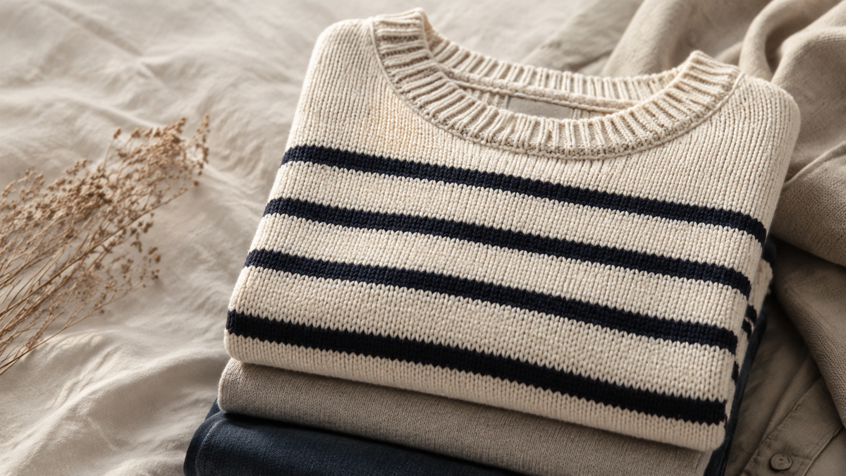 Striped knit sweater showing yarn texture and stripe alignment