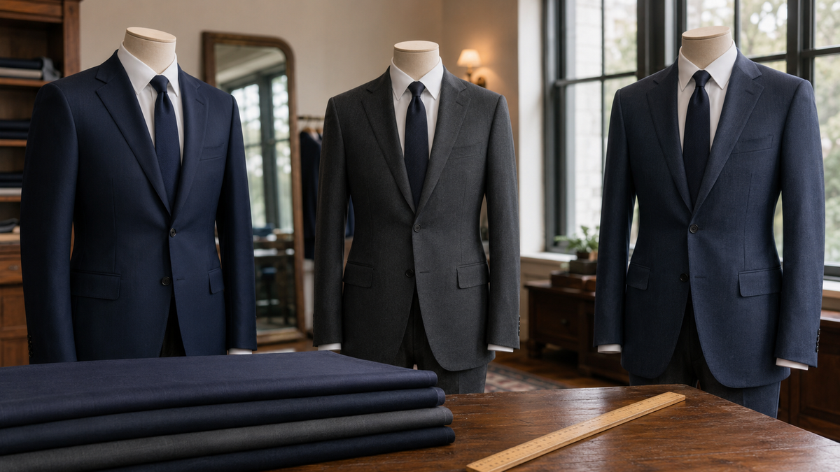 Unbranded navy and charcoal suits on blank mannequins in a local tailoring studio