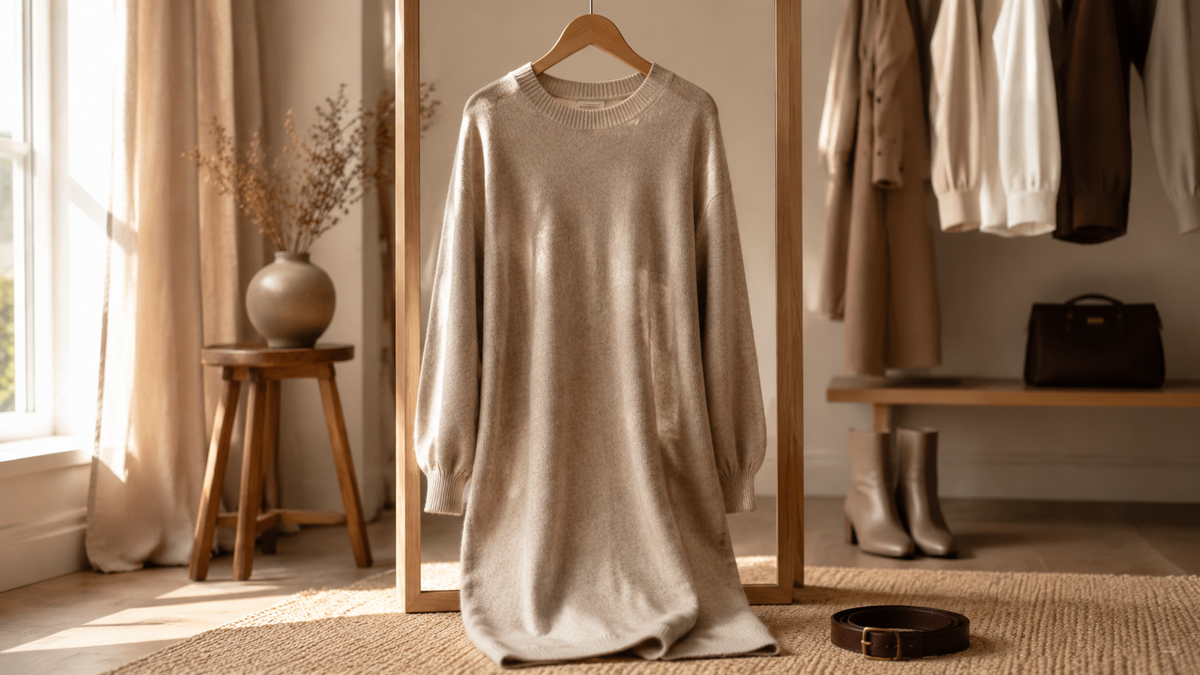 Neutral sweater dress displayed in a warm minimalist dressing room