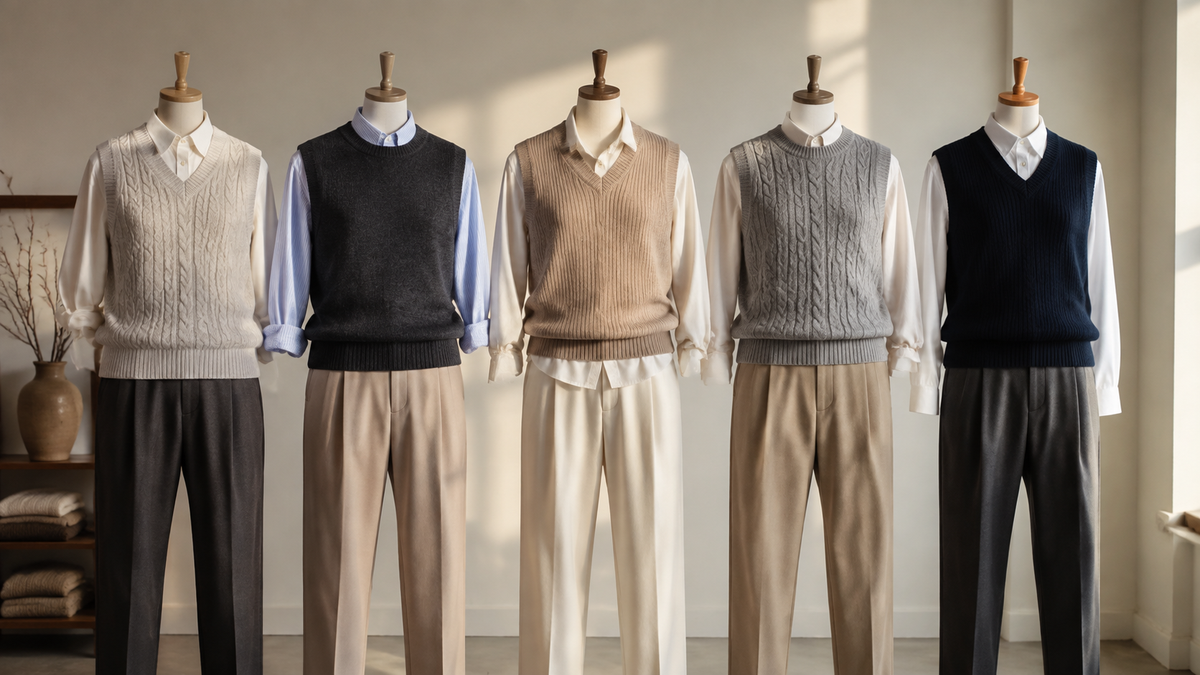 Sweater vests in cable-knit fine-gauge V-neck and crewneck styles