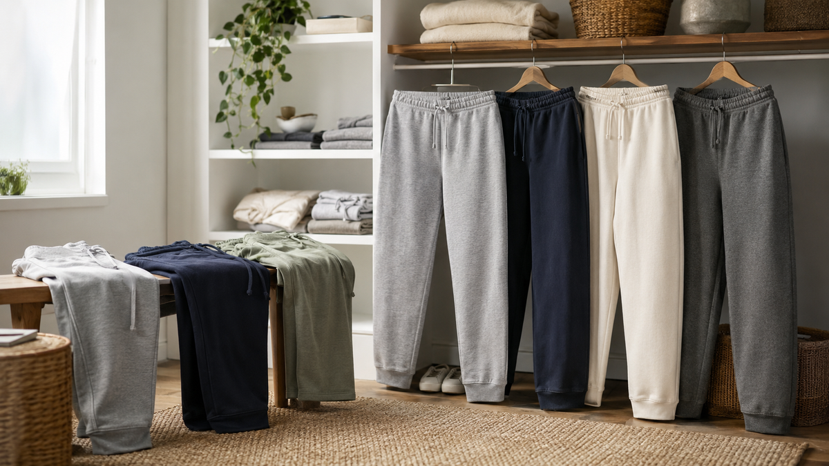 Sweatpants in tapered straight and relaxed fits arranged in a casual wardrobe