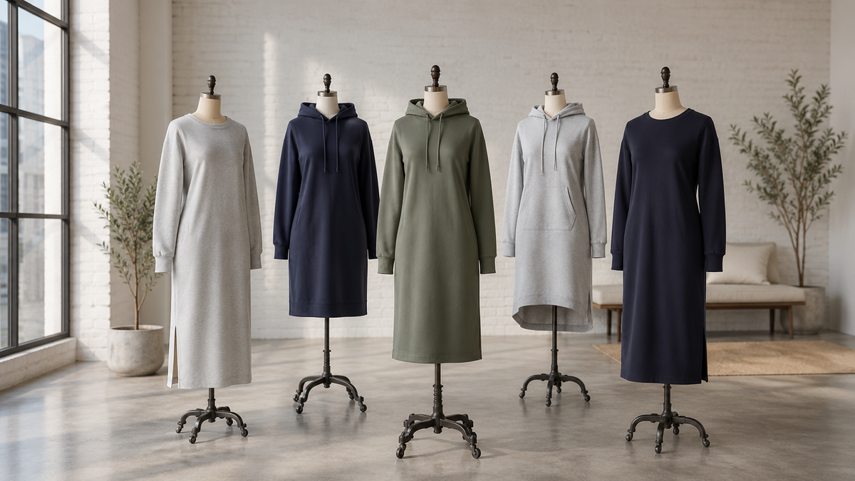 Sweatshirt dresses in varied lengths and necklines displayed on dress forms