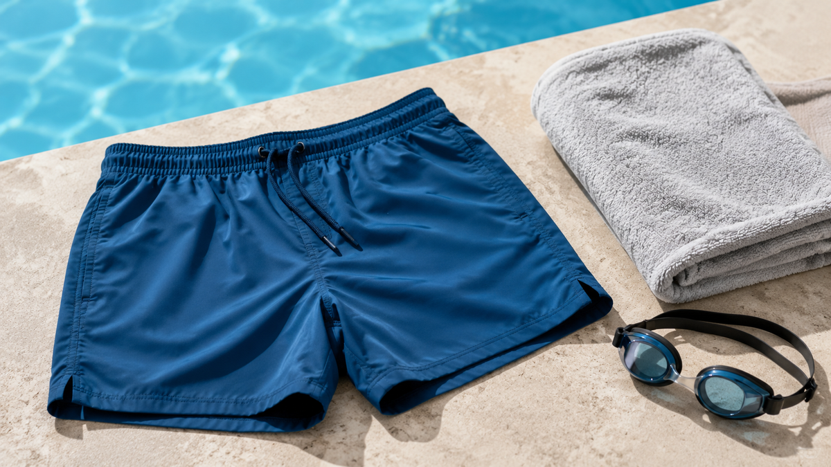 Swimming shorts displayed with plain poolside accessories