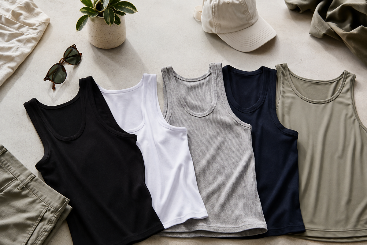 Cotton ribbed and performance tank tops arranged in natural daylight