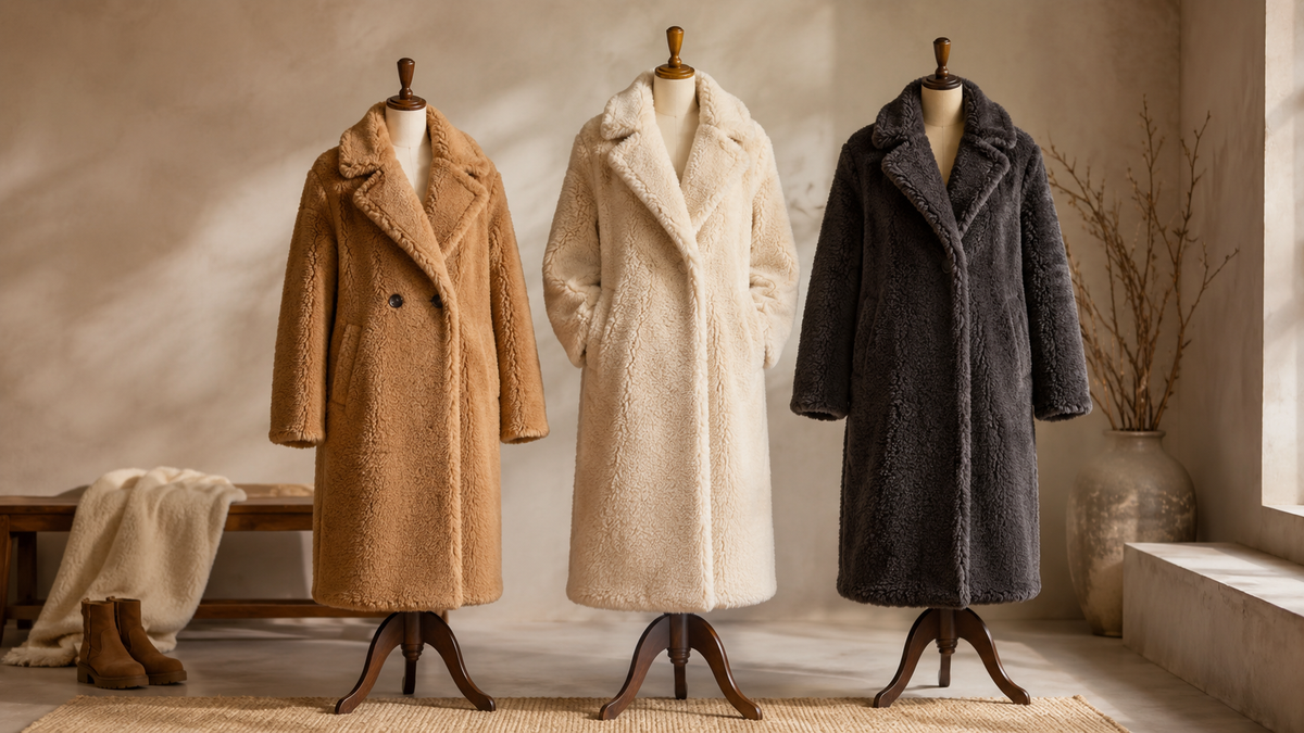 Teddy coats in camel cream and charcoal with plush pile textures
