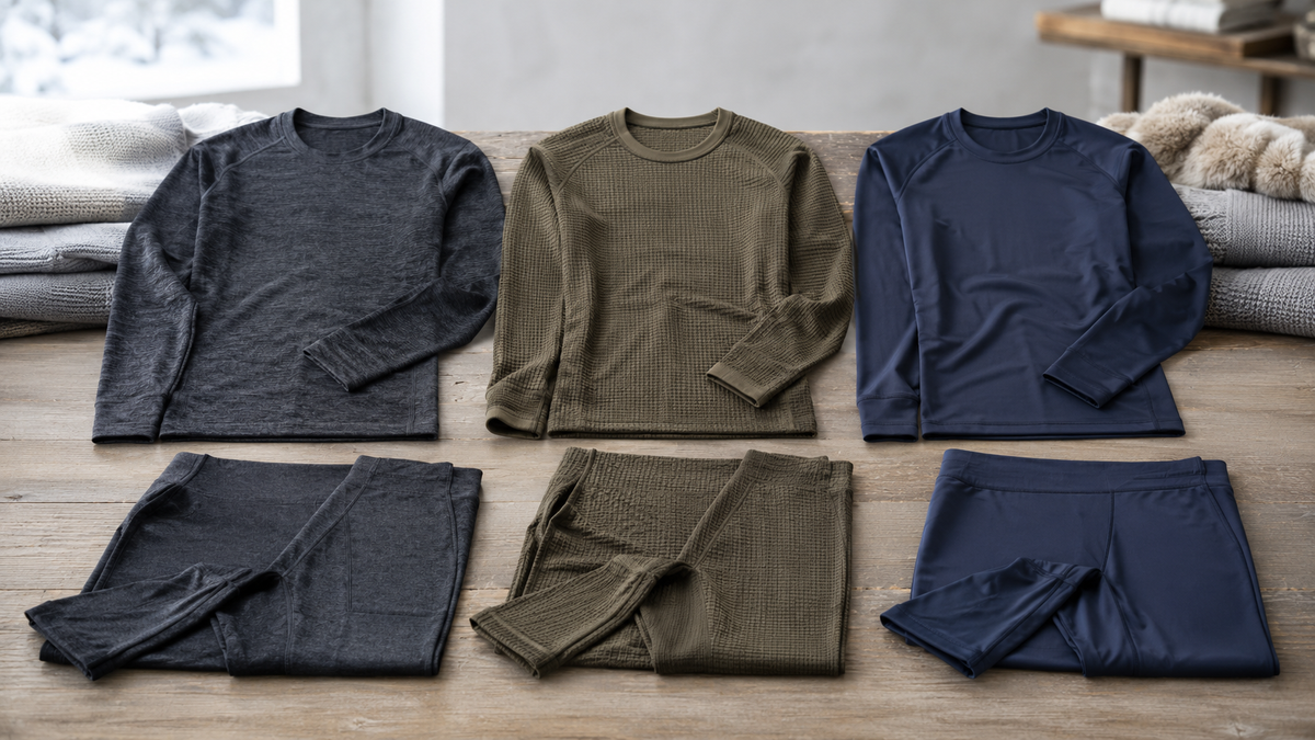 Thermal underwear base-layer sets in knit grid and smooth fabrics