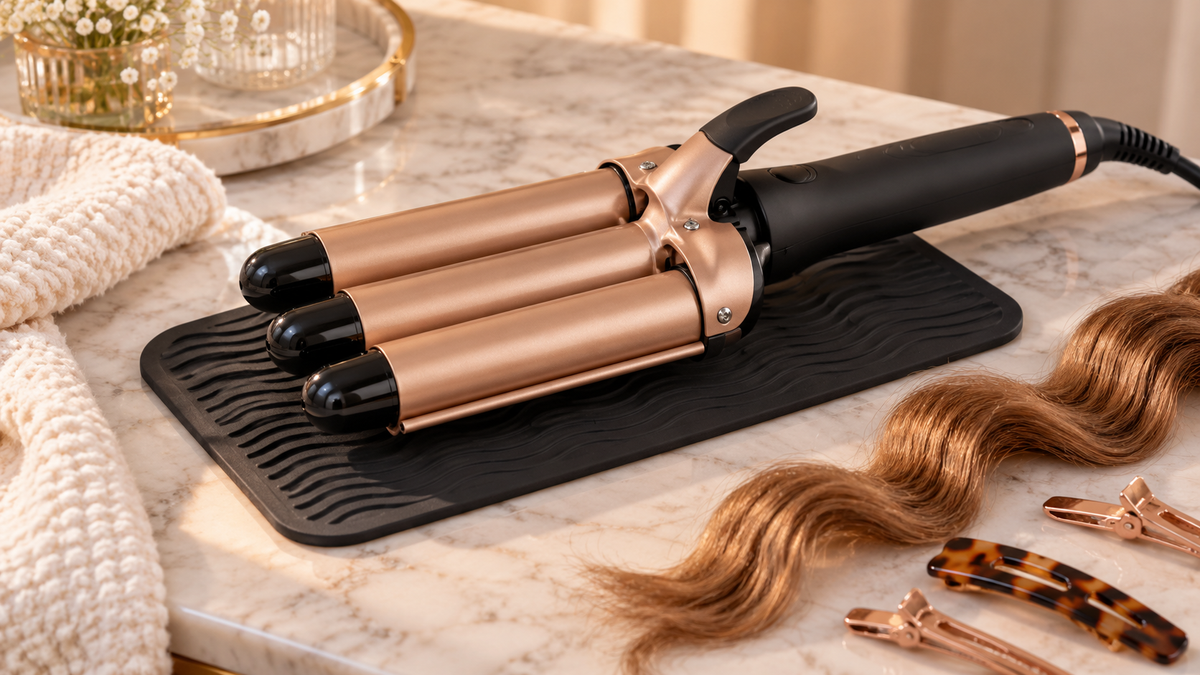 Three barrel hair curler resting on a heat-resistant mat beside styled hair and clips