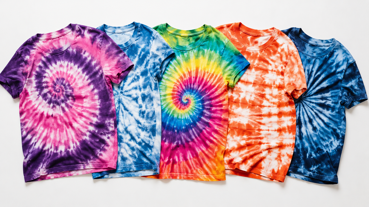 Tie-dye shirts showing varied patterns and cotton texture