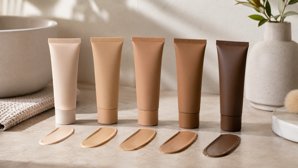 Unlabeled tinted moisturizer tubes and swatches in a range of skin tones