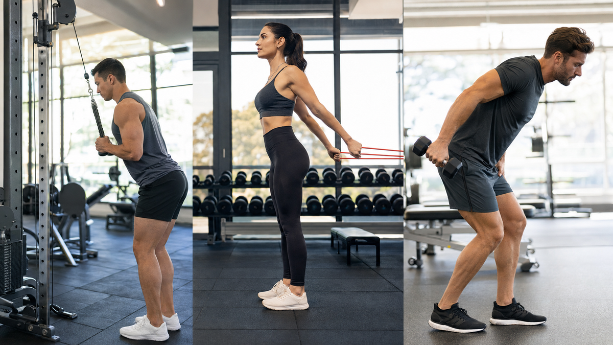 Adults performing controlled triceps exercises with dumbbells and a cable station