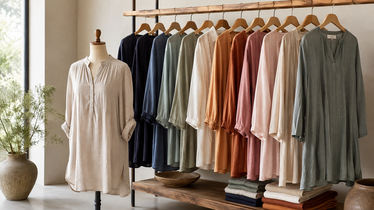Woven knit and shirt-style tunics displayed in a refined adult wardrobe