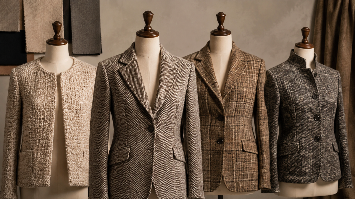 Tweed jackets showing boucle herringbone and checked woven textures