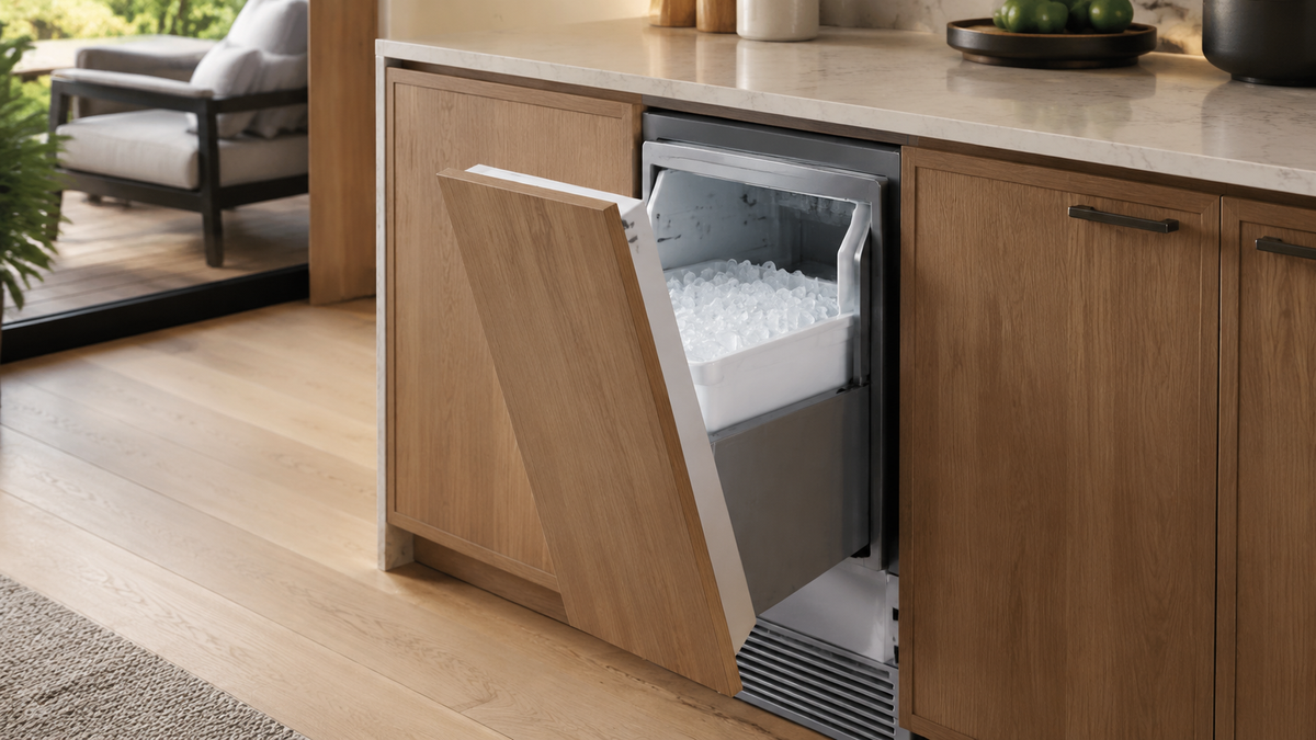 Unbranded under-counter ice maker integrated into modern kitchen cabinetry