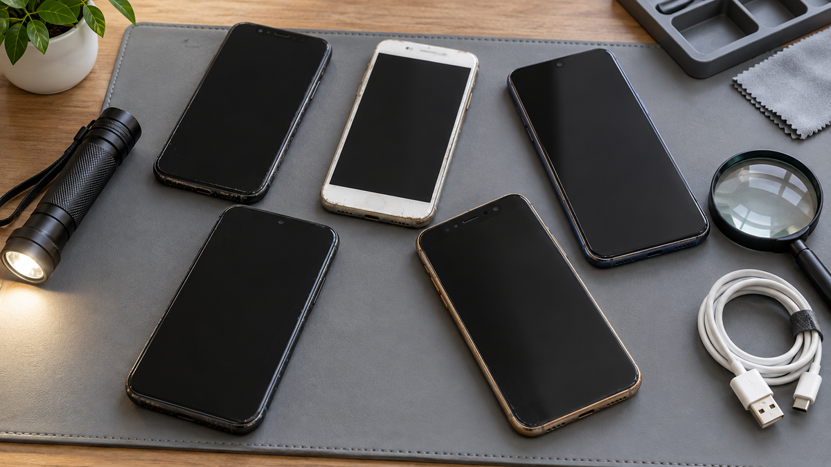 Used smartphones arranged for condition and function inspection