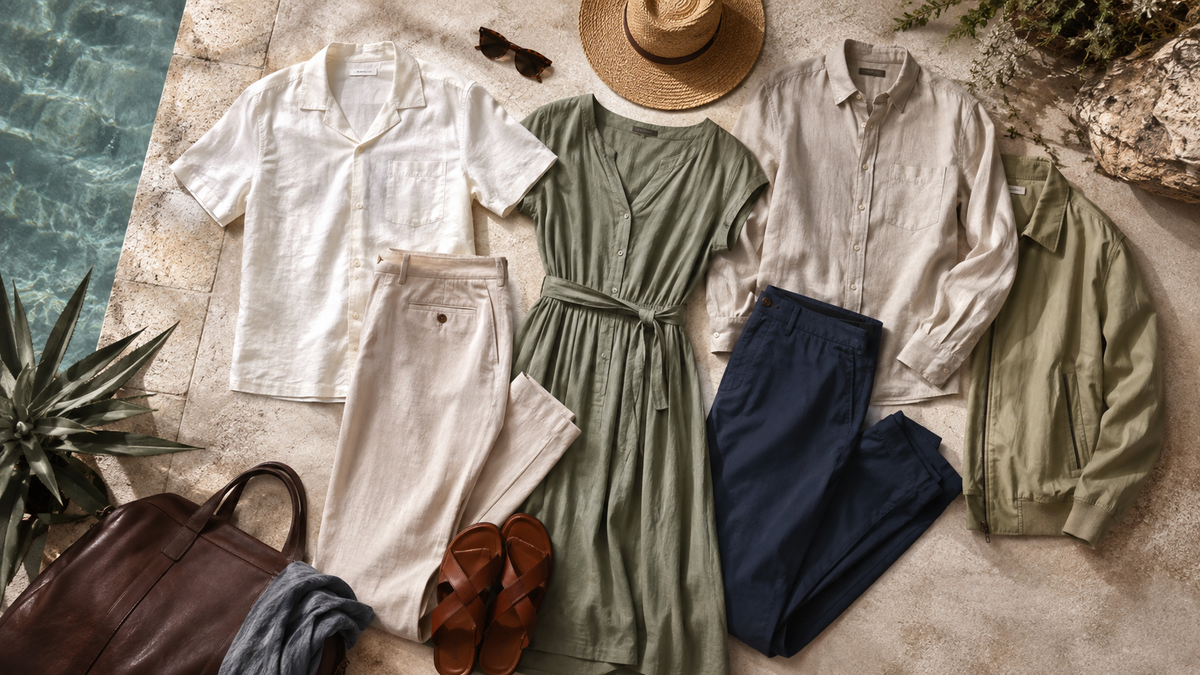 Coordinated vacation outfits with breathable clothing and light layers