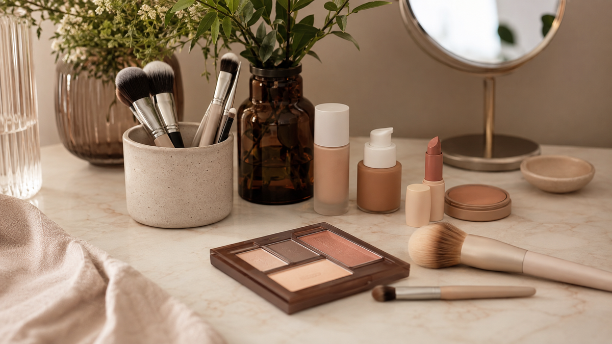 Unbranded vegan makeup products and clean brushes on a refined vanity