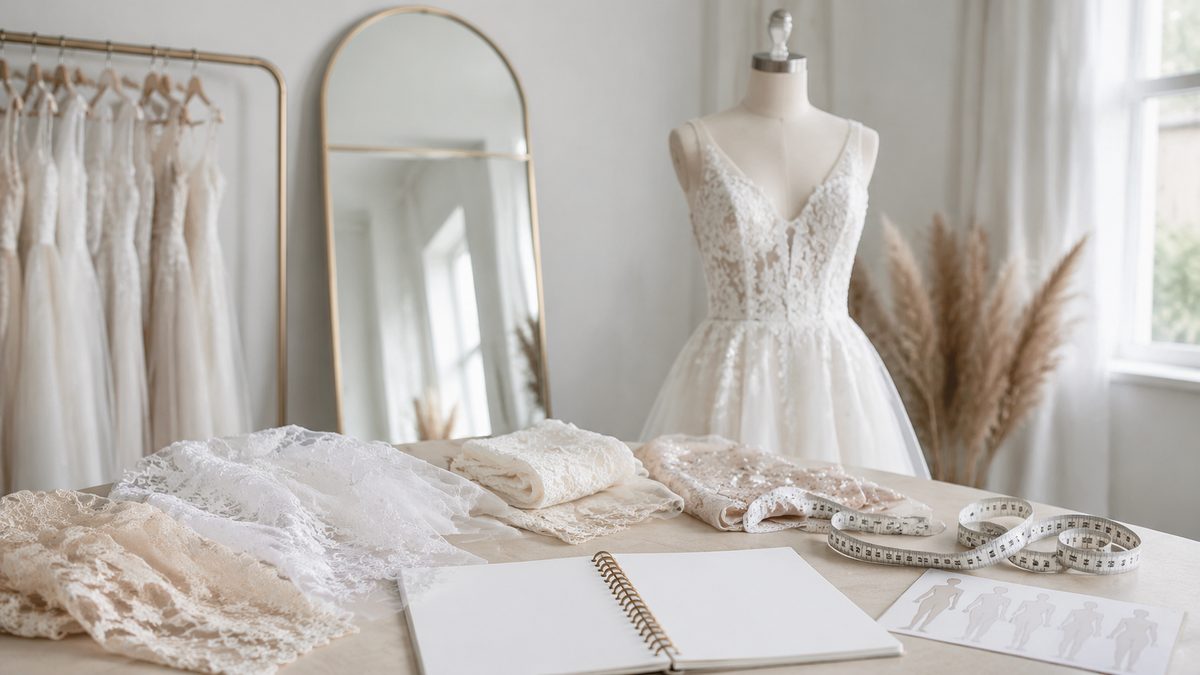 Wedding dress, fabric samples, and measuring tools for online shopping