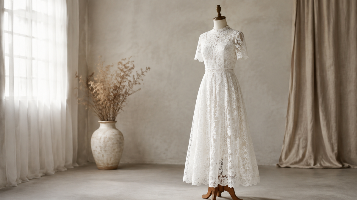 Fully lined white lace dress displayed in an airy studio