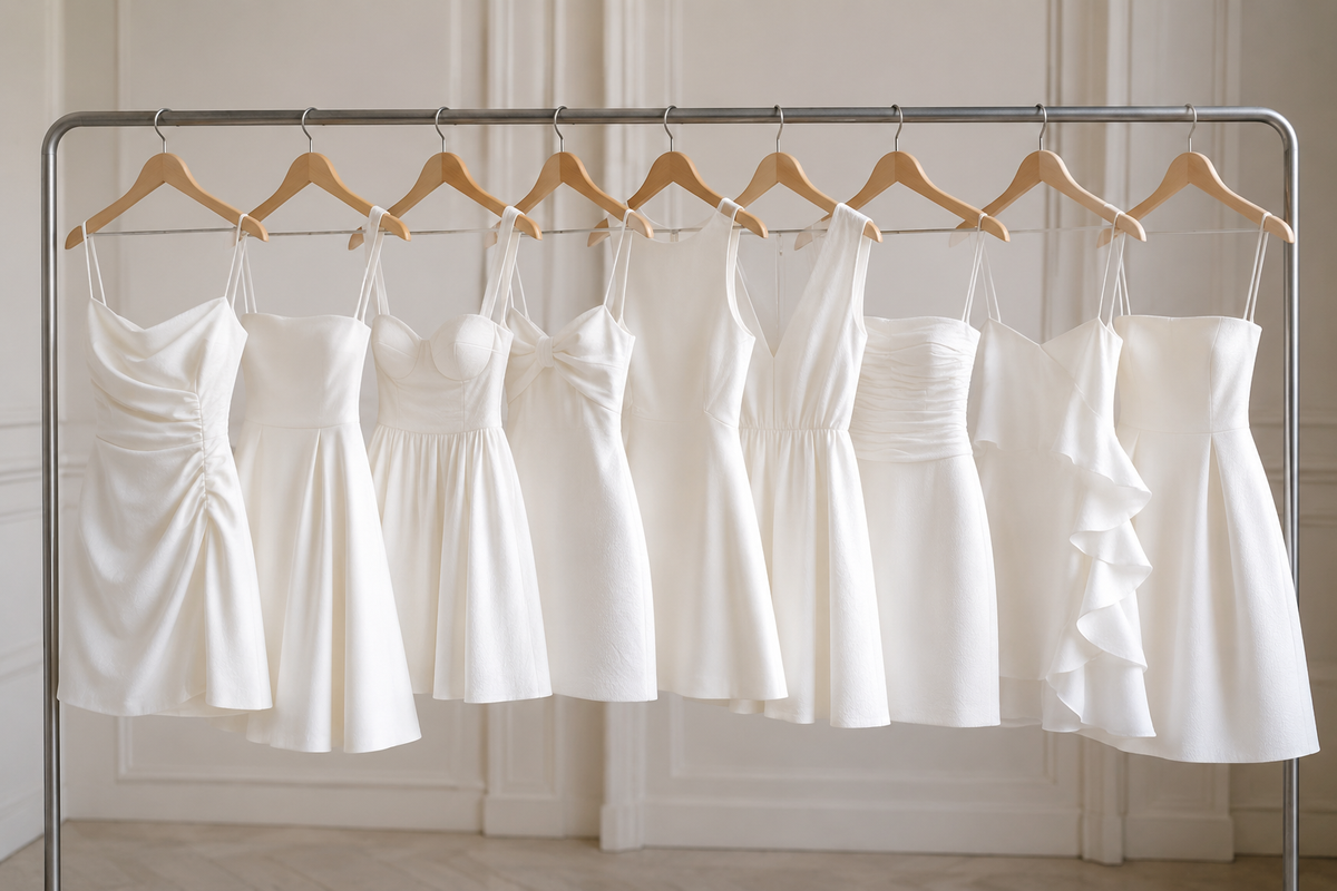 White mini dresses in varied silhouettes displayed on a neutral fashion rack