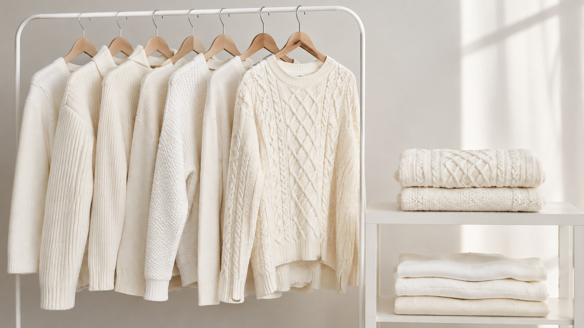 White and ivory sweaters showing cable rib and fine knit textures on a studio rack