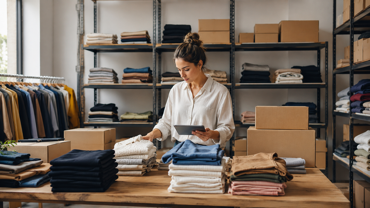 Organized clothing inventory in a clean wholesale stockroom