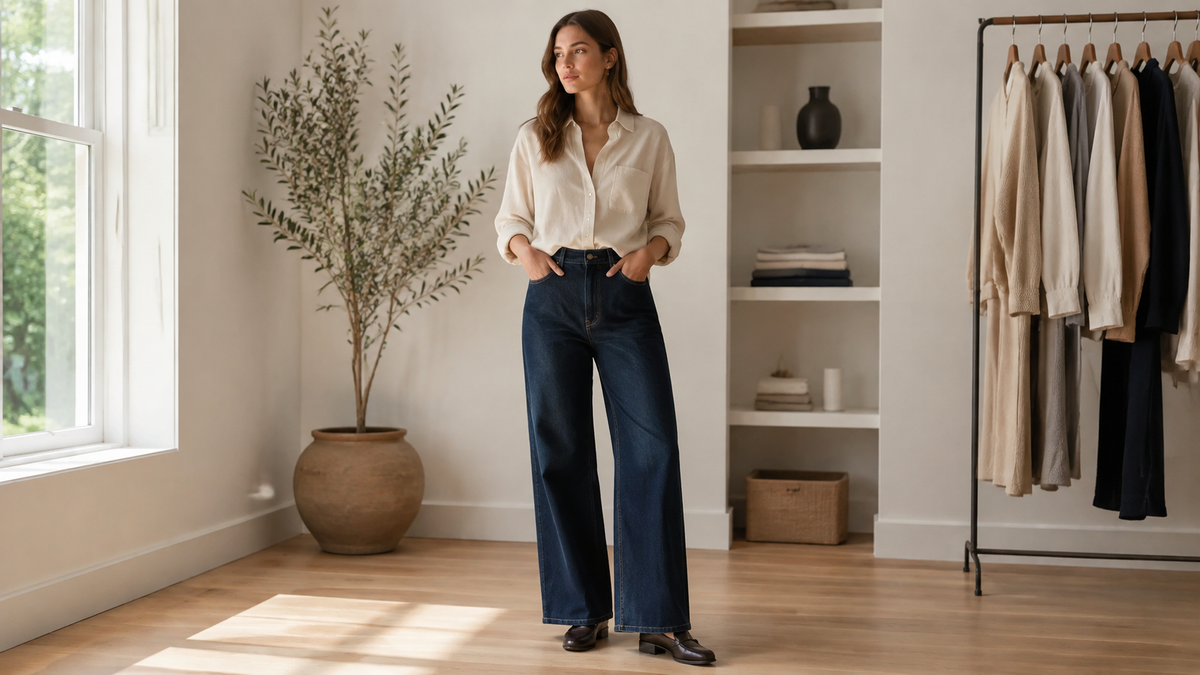Dark blue wide-leg jeans styled with a cream shirt in a bright wardrobe