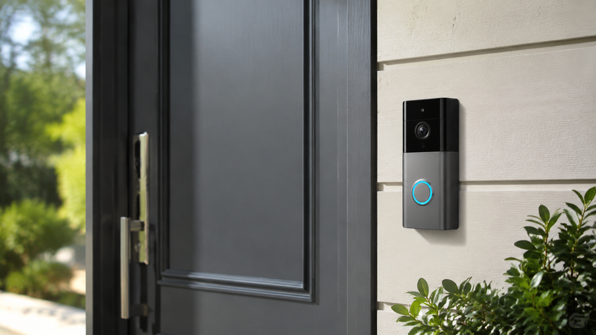 Unbranded wireless doorbell camera mounted beside a modern front door