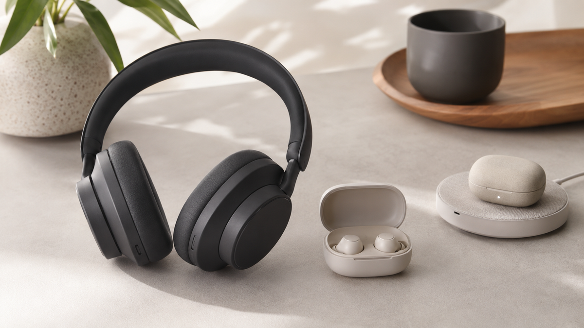 Generic over-ear wireless headphones and earbuds on a clean modern desk
