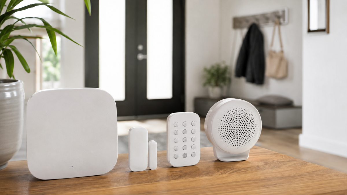 Unbranded wireless home security hub keypad and entry sensors