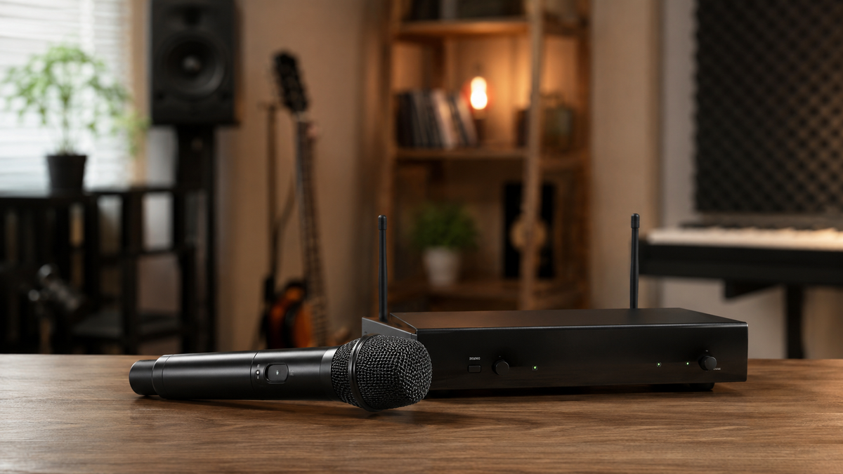 Unbranded wireless microphone and receiver in a home studio