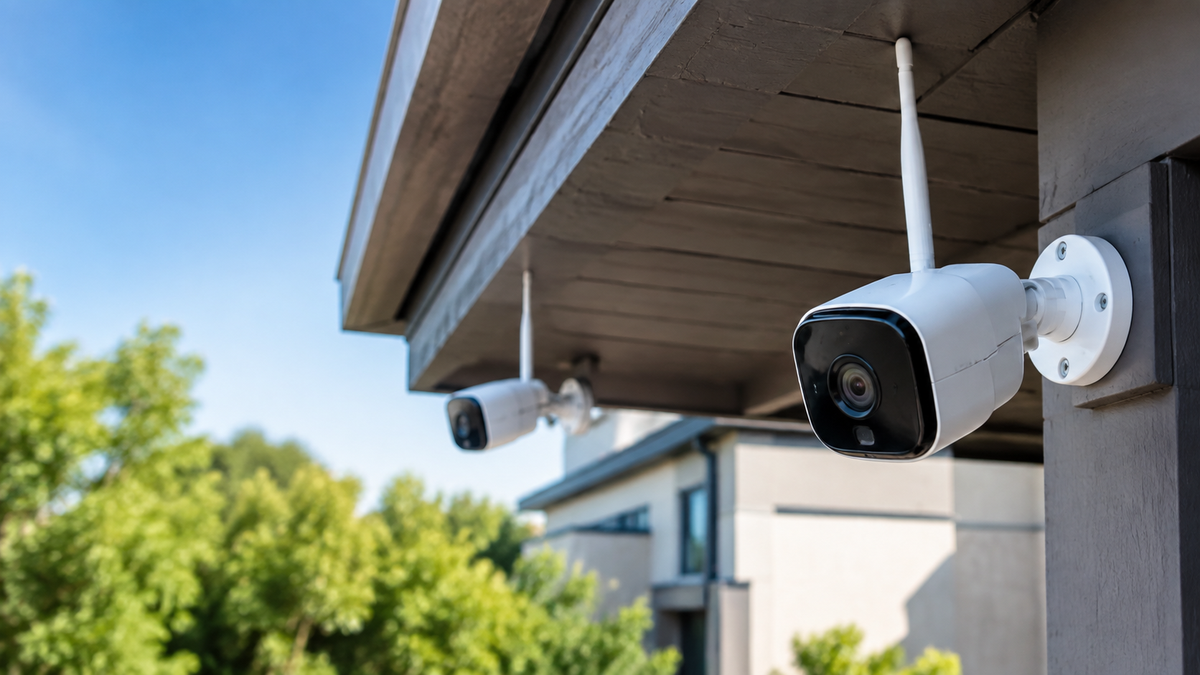 Unbranded wireless outdoor security cameras mounted beneath home eaves