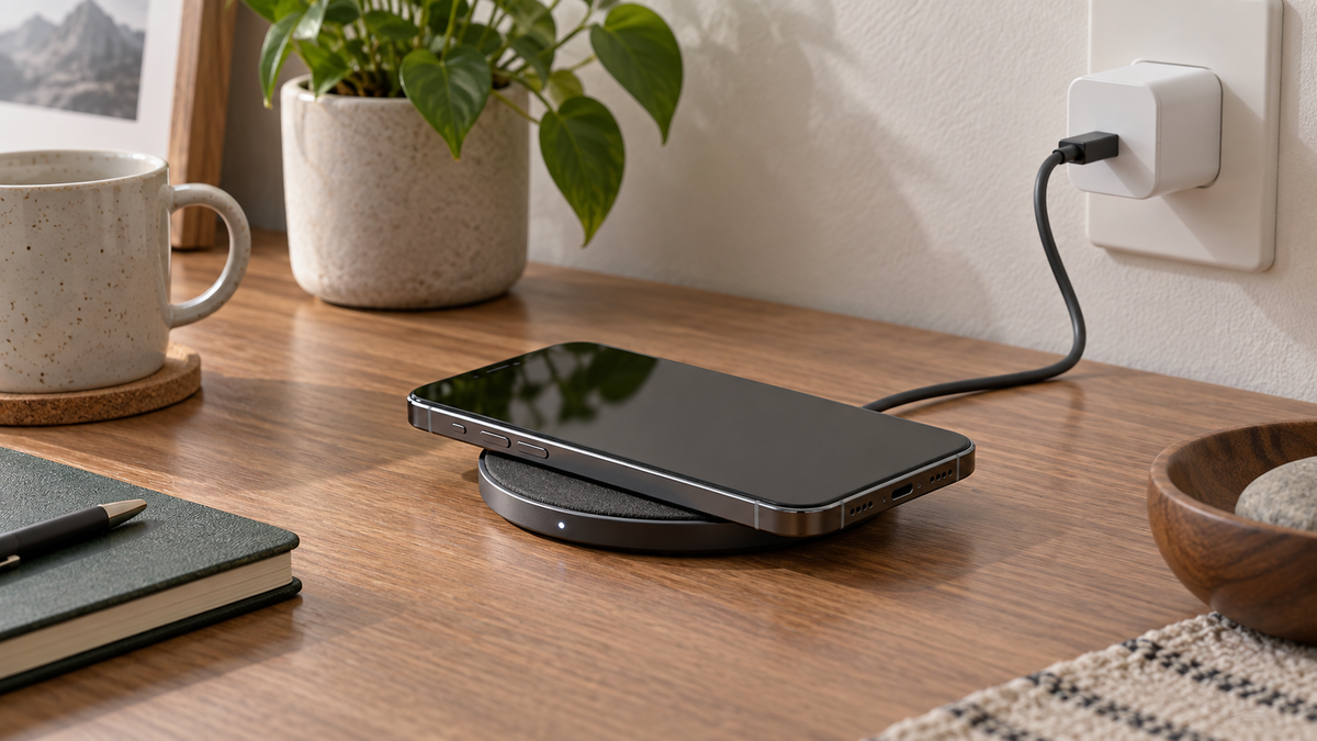 Phone resting on a minimalist wireless charging pad