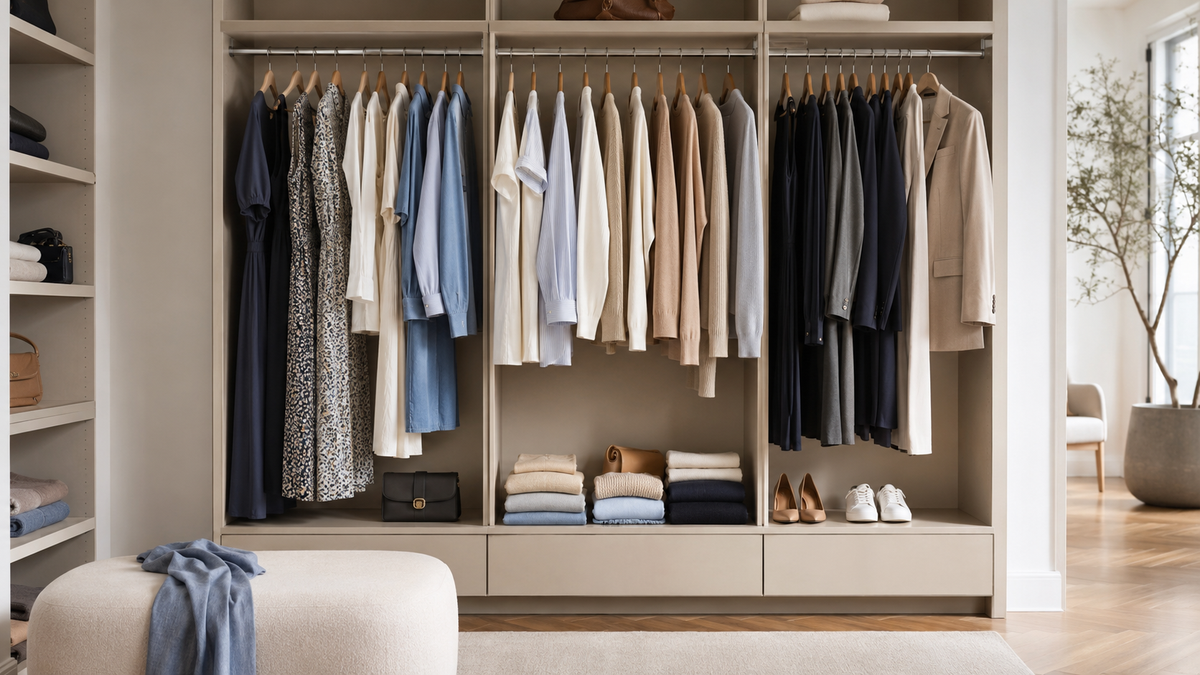 Versatile women's capsule wardrobe with dresses tops trousers and knitwear