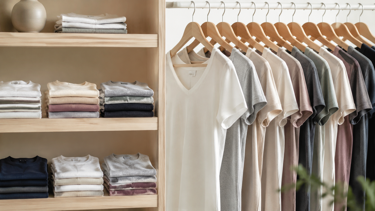 Women’s T-shirts in varied necklines, colors, and fabric weights