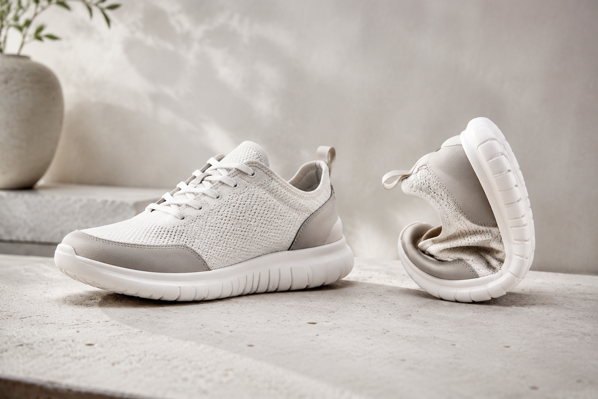 Generic neutral women’s trainers showing cushioning and flexible soles
