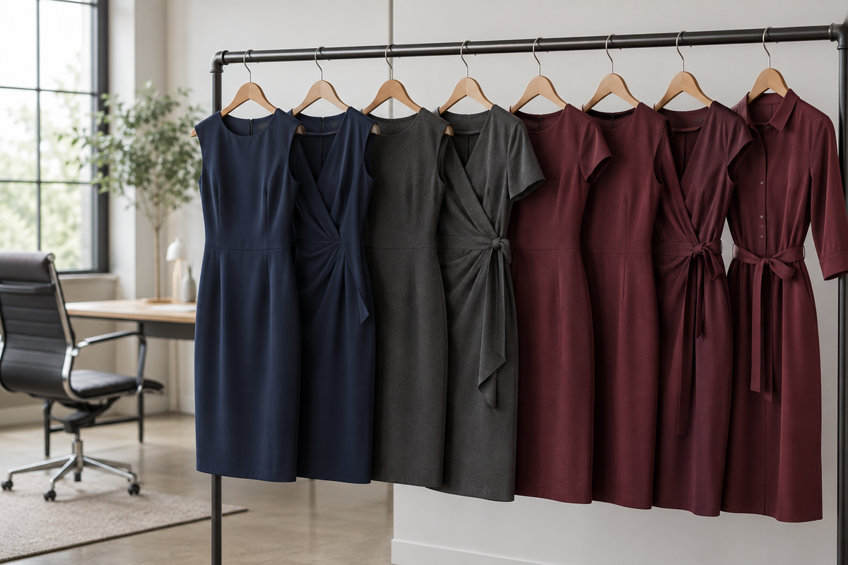 Professional work dresses in navy charcoal and burgundy on a clothing rack