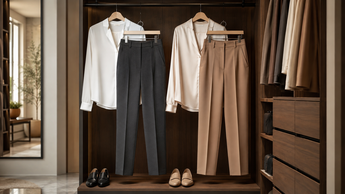 Charcoal and camel work pants styled with neutral blouses and loafers
