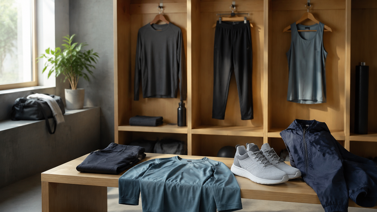 Functional workout clothes arranged in an airy modern locker room