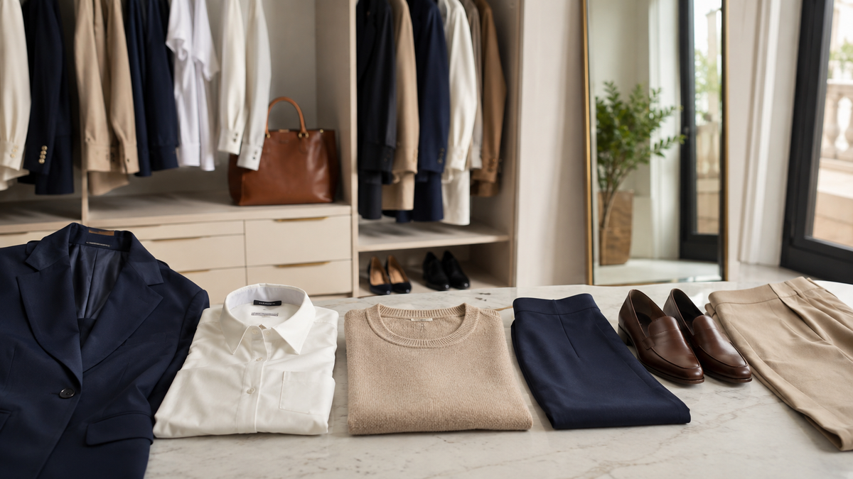 Professional workwear capsule in navy cream and camel tones