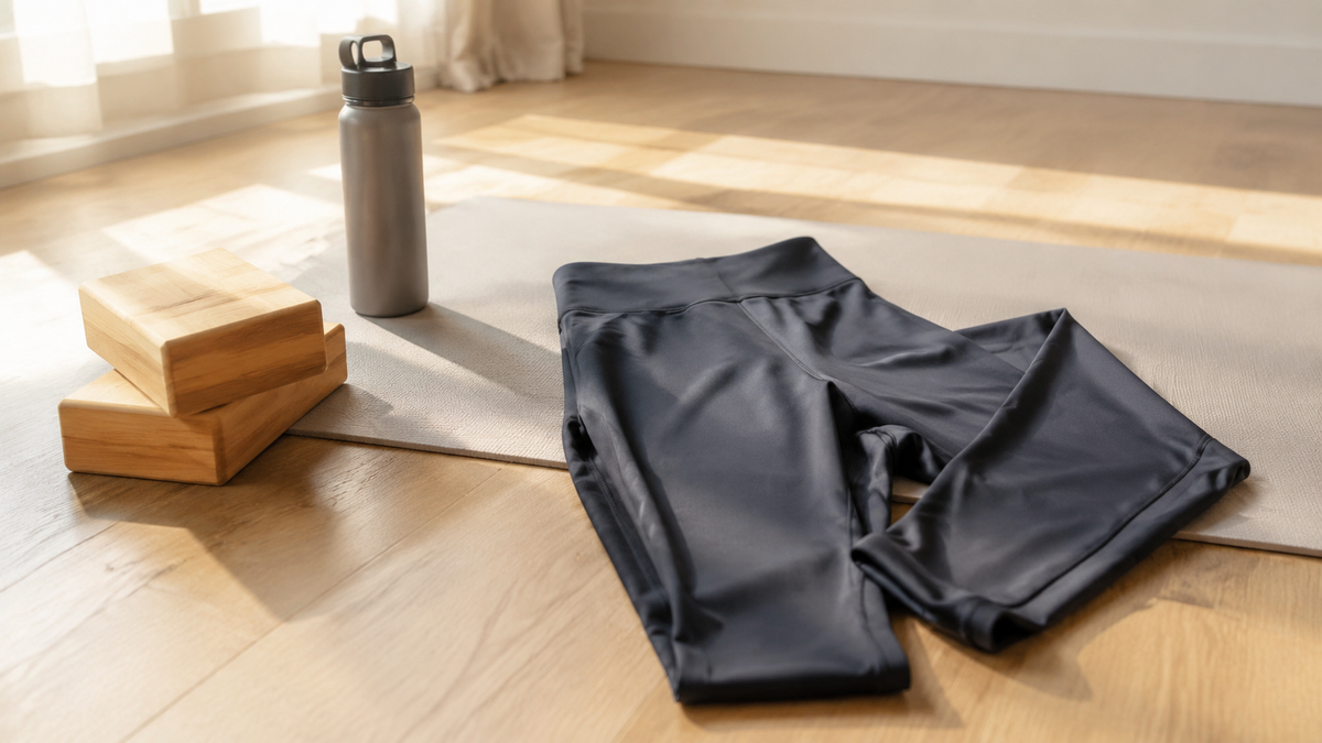 Black yoga pants beside a yoga mat and wooden blocks in a bright studio
