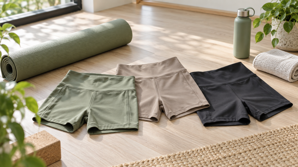 Unbranded yoga shorts arranged beside a mat, towel, and water bottle in a bright studio