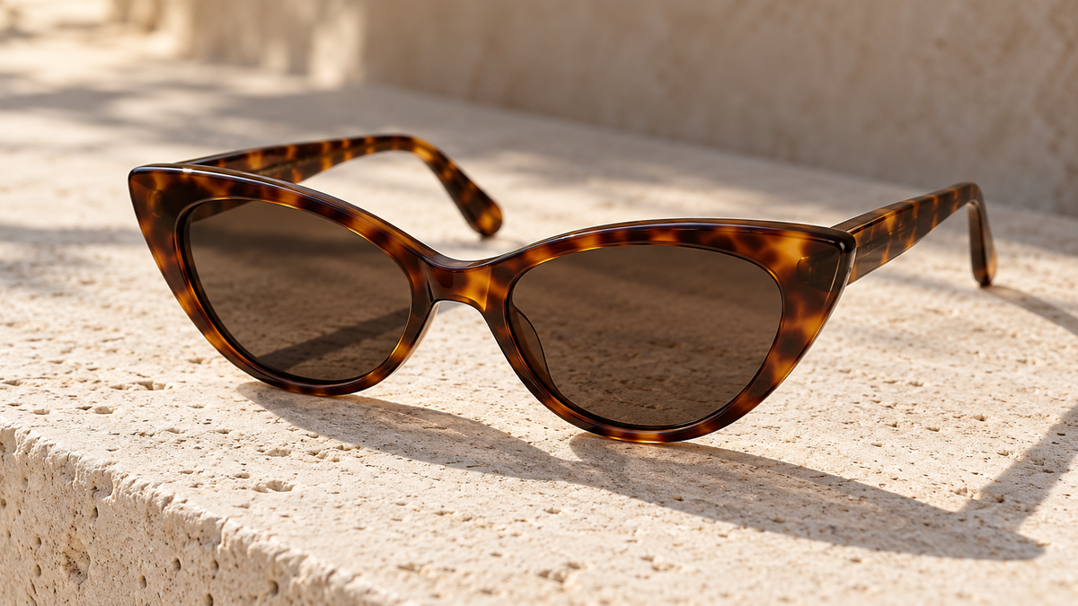 Tortoiseshell vintage cat eye sunglasses resting on a neutral stone surface in daylight
