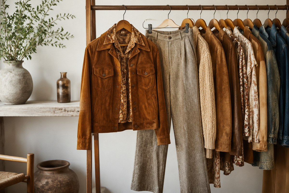 Curated vintage clothing collection with suede jacket patterned blouse and trousers