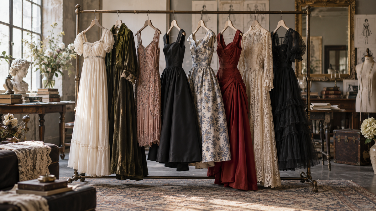 Collection of unbranded vintage-inspired dresses in varied eras and fabrics