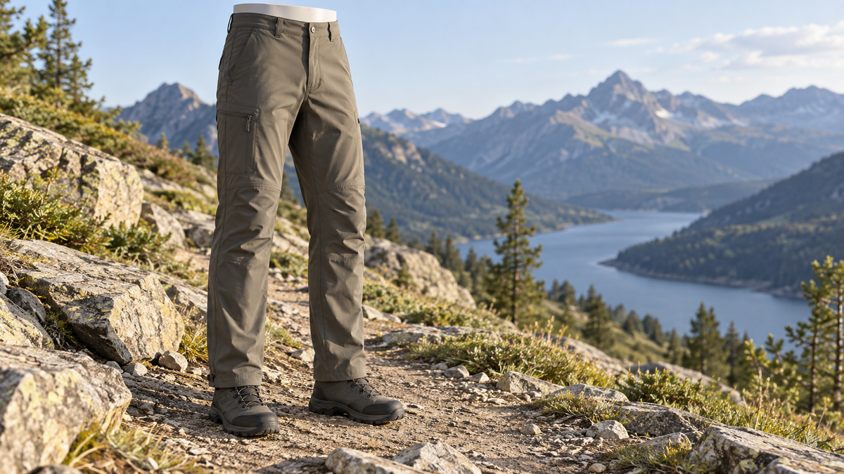 Walking trousers with practical pockets on an outdoor trail
