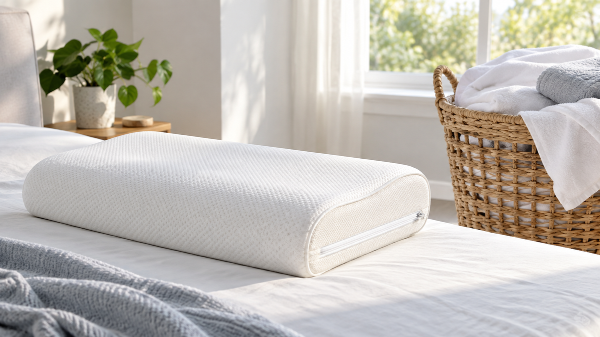 Plain memory foam pillow with removable cover beside a clean laundry basket