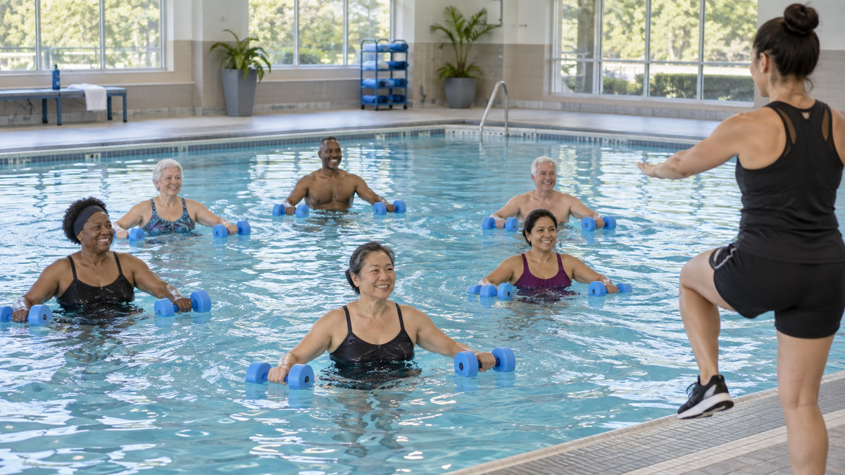 Adults taking part in a welcoming water aerobics class in an indoor pool